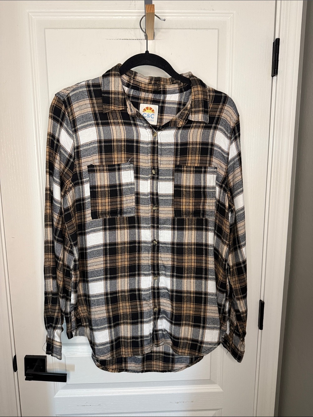 C&C California Black White and Tan Plaid Button-Down Shirt